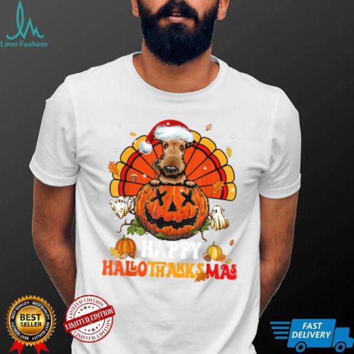 Dog Airedale Happy Hallothanksmas Halloween Thanksgiving T Shirt   Copy (2)