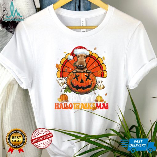 Dog Airedale Happy Hallothanksmas Halloween Thanksgiving T Shirt   Copy (2)