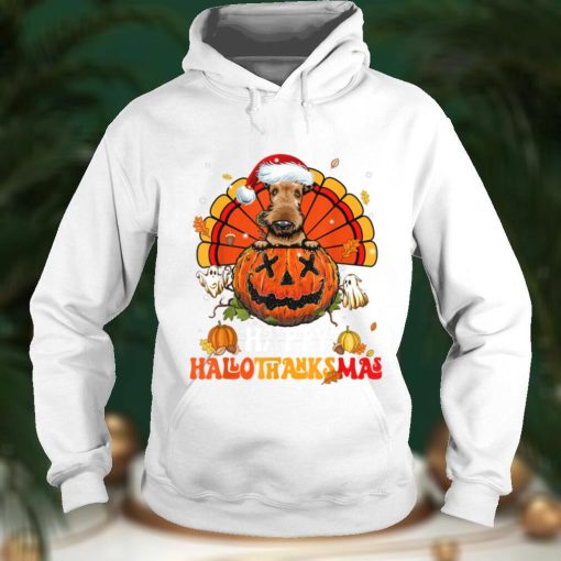 Dog Airedale Happy Hallothanksmas Halloween Thanksgiving T Shirt   Copy (2)