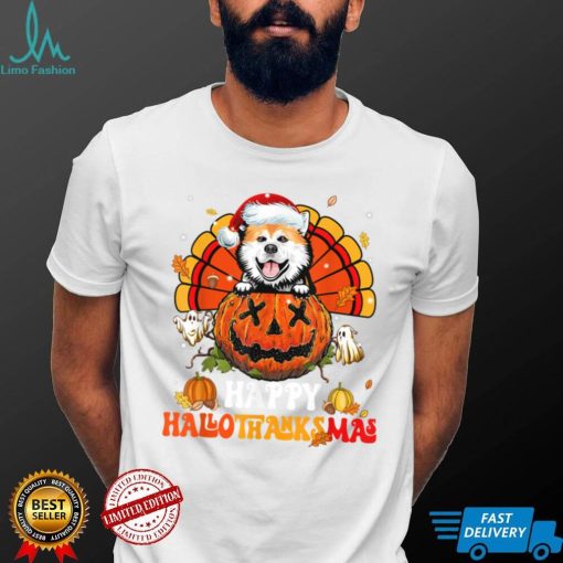 Dog Akita Happy Hallothanksmas Halloween Thanksgiving T Shirt   Copy (2)