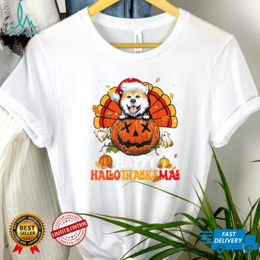Dog Akita Happy Hallothanksmas Halloween Thanksgiving T Shirt   Copy (2)