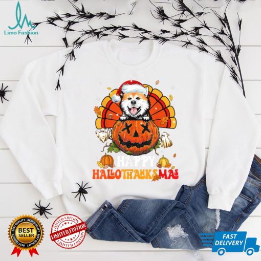 Dog Akita Happy Hallothanksmas Halloween Thanksgiving T Shirt   Copy (2)