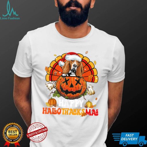 Dog Basset Hound Happy Hallothanksmas Halloween Thanksgiving T Shirt   Copy (2)