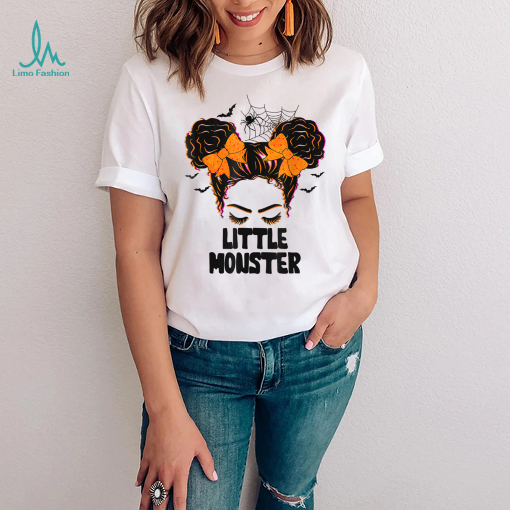 Little Monster Shirt For Girls Halloween Kid Youth Messy Bun T Shirt