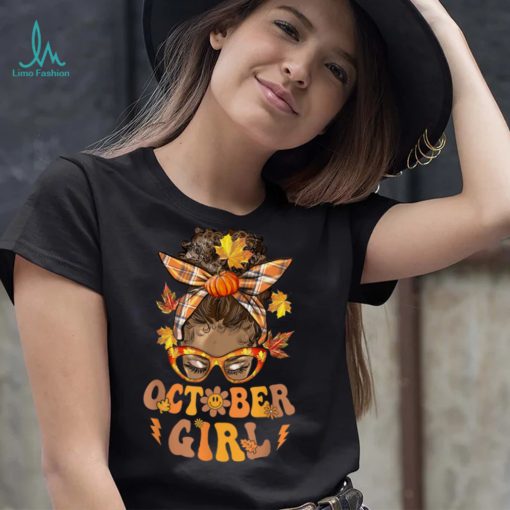 Retro Groovy October Girl Messy Bun Halloween Thanksgiving T Shirt