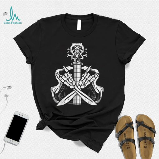 Rock On Guitar Neck   With A Sweet Rock & Roll Skeleton Hand T Shirt