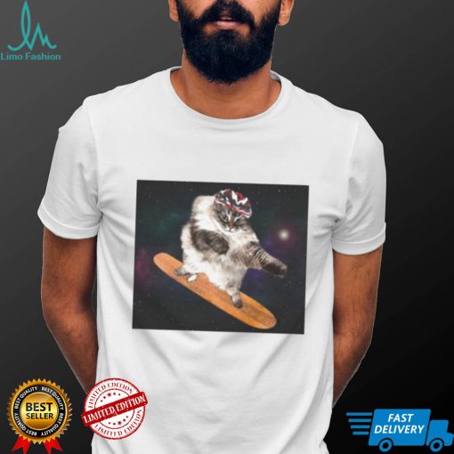 Skateboarder cat in space shirt