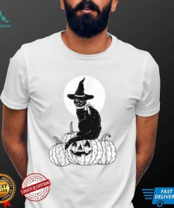 Vintage Scary Halloween Black Cat Costume Witch Hat Moon T Shirt