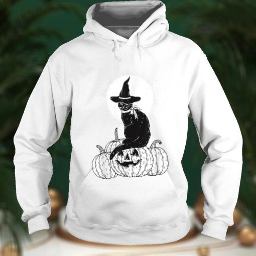 Vintage Scary Halloween Black Cat Costume Witch Hat Moon T Shirt