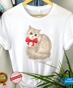 White Cat with Red Bow Christmas Cat Blessings design T Shirt
