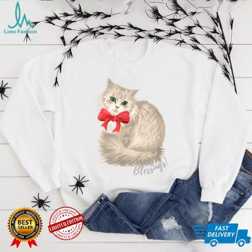 White Cat with Red Bow Christmas Cat Blessings design T Shirt