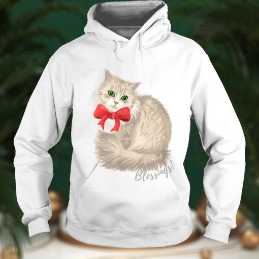 White Cat with Red Bow Christmas Cat Blessings design T Shirt