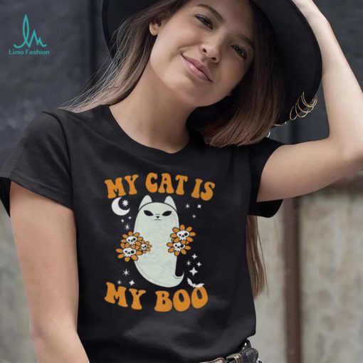 My Cat Is My Boo Floral Groovy Ghost Cat Spooky Halloween Shirt