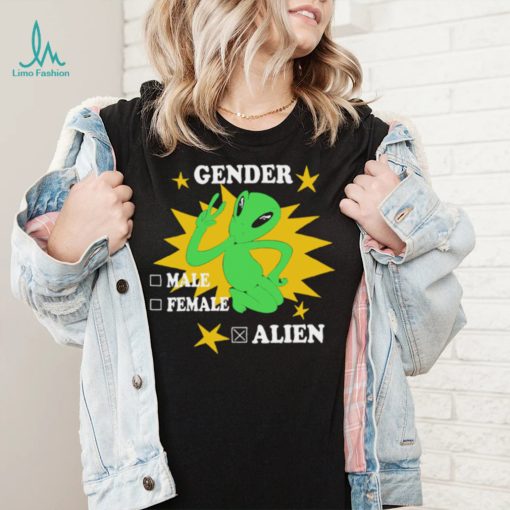 Gender male female alien finger say hi shirt