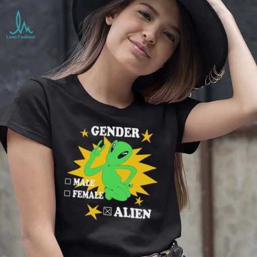 Gender male female alien finger say hi shirt