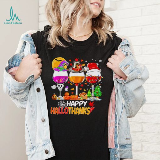 Happy Hallothanksmas wine Halloween Christmas Thanksgiving 2022 shirt