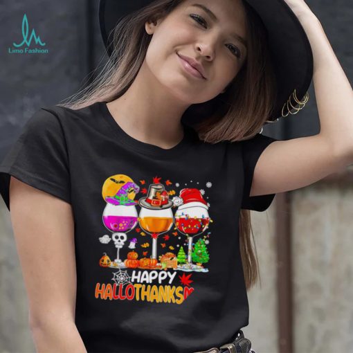 Happy Hallothanksmas wine Halloween Christmas Thanksgiving 2022 shirt