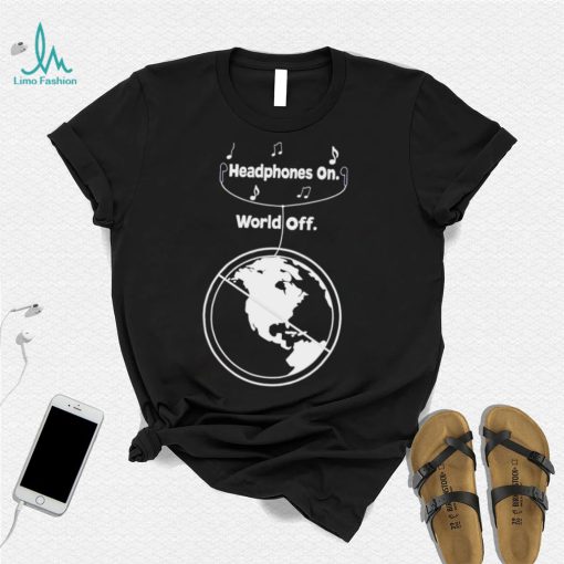 Headphones on World Off Earth shirt