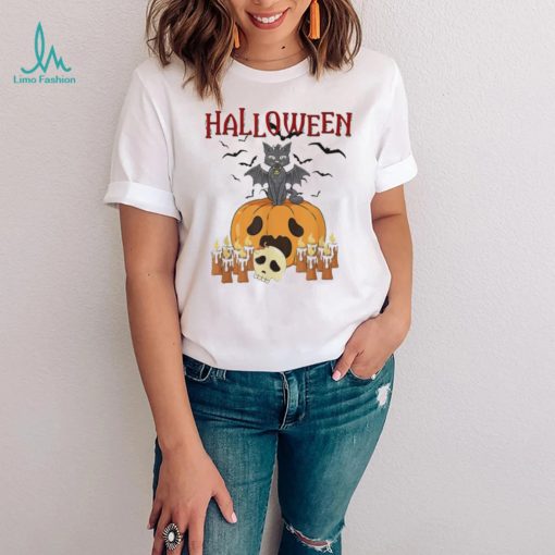 Scary pumpkin and vampire bat cat halloween trick or treat shirt