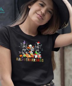Skeleton dancing Happy Hallothanksmas Halloween with Xmas 2022 shirt