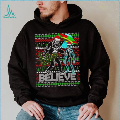 Bigfoot UFO Alien Believe Christmas ugly shirt