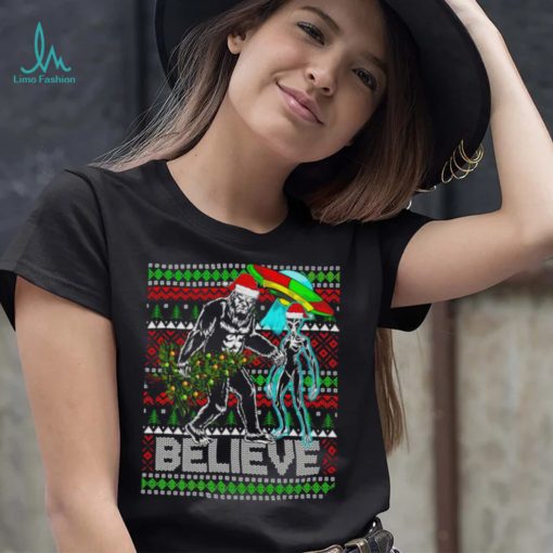 Bigfoot UFO Alien Believe Christmas ugly shirt