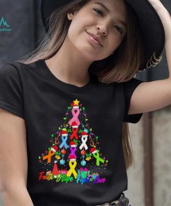 Breast Cancer Trees Christmas Santa Ribbon Light Faith Hope Fight Love Shirt