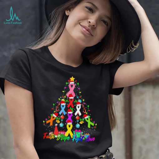 Breast Cancer Trees Christmas Santa Ribbon Light Faith Hope Fight Love Shirt