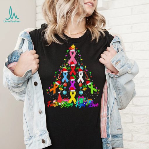 Breast Cancer Trees Christmas Santa Ribbon Light Faith Hope Fight Love Shirt