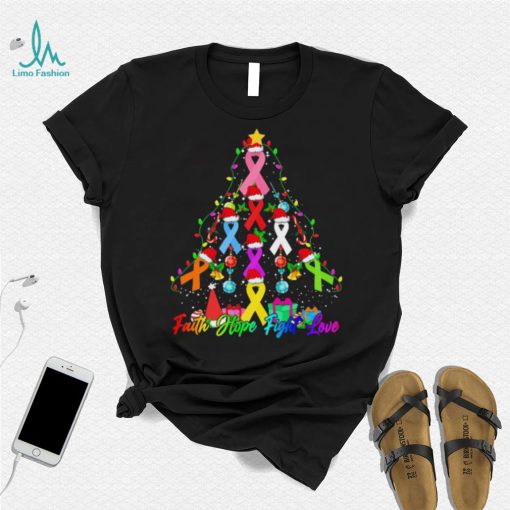 Breast Cancer Trees Christmas Santa Ribbon Light Faith Hope Fight Love Shirt