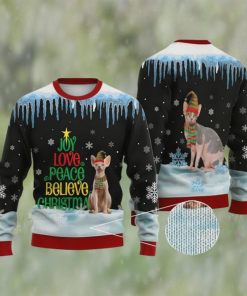 Cat Christmas Sweater, Sphynx Cat Joy Love Peace Believe Ugly Christmas Sweater