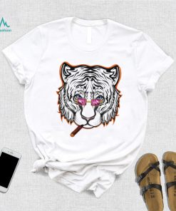 Cincy smoking White Tiger with Sunglasses logo shirt