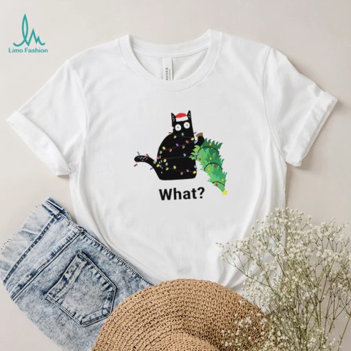 Funny black cat pushing Christmas tree art shirt