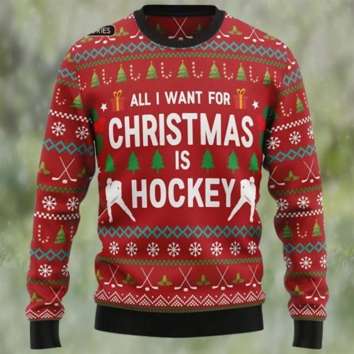 Hockey Ugly Christmas Sweater, All I Want For Christmas Is Hockey