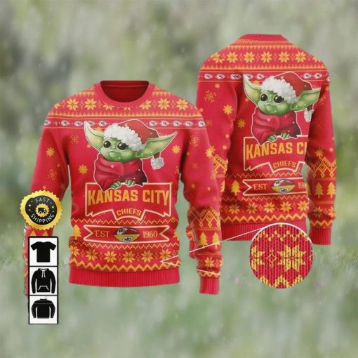 Kansas City Chiefs Est 1960 Baby Yoda Ugly Christmas Sweater, Faux Wool Sweater, National Football League, Gifts For Fans Football NFL, Football 3D Ugly Sweater – Prinvity