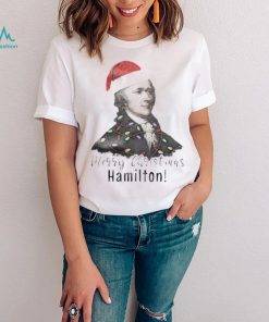Merry Christmas Hamilton wearing santa hat shirt