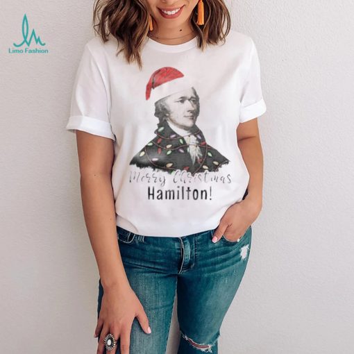 Merry Christmas Hamilton wearing santa hat shirt