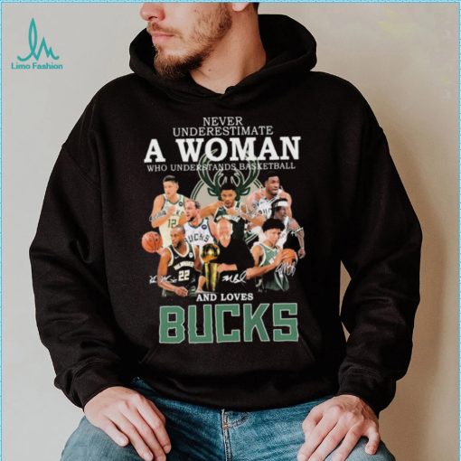 Never Underestimate A Woman Who Understands Basketball And Loves Milwaukee Bucks 2022 Signatures Shirt