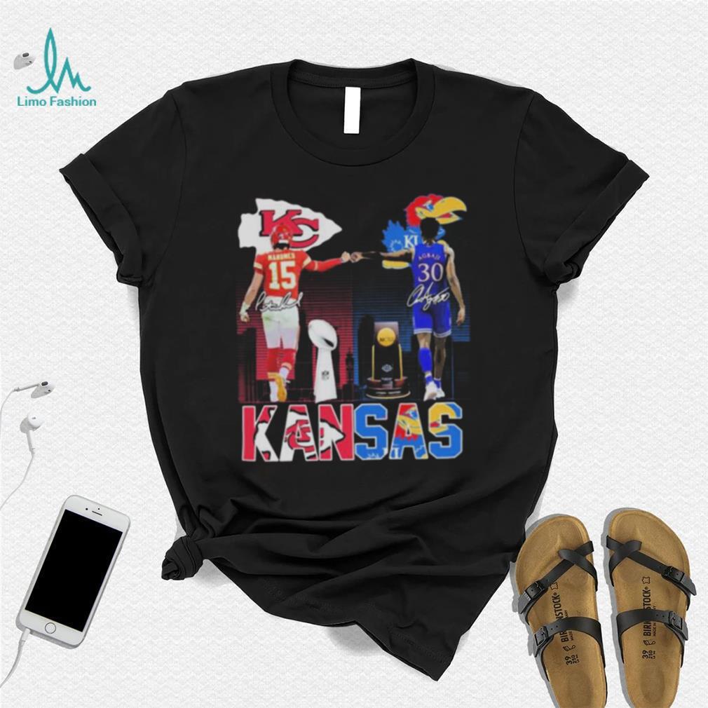 Patrick Mahomes II and Ochai Agbaji Kansas sport city signatures shirt Patrick Mahomes II and Ochai Agbaji Kansas sport city signatures shirt