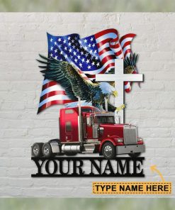 Personalized Red Truck With Eagle And Flag Shaped Metal Sign