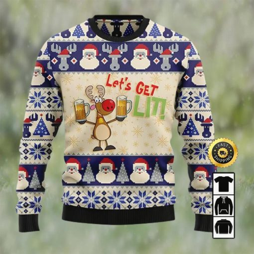 Reindeer Let’s Get Lit Beer Ugly Christmas Sweater, Faux Wool Sweater, International Beer Day, Gifts For Beer Lovers, Best Christmas Gifts For 2022, Santa Claus