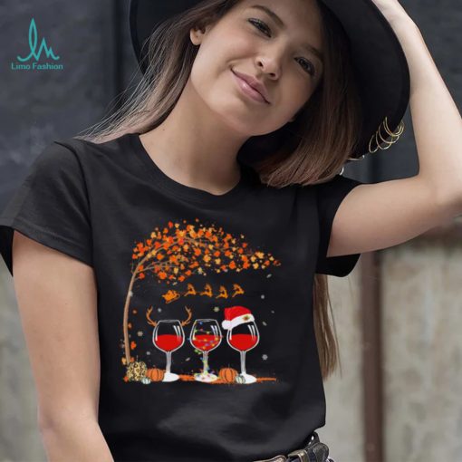 Santa Wine Glass Pumpkin Autumn Tree Christmas Shirt