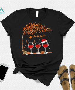 Santa Wine Glass Pumpkin Autumn Tree Christmas Shirt