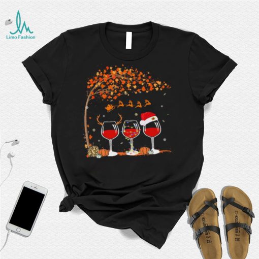 Santa Wine Glass Pumpkin Autumn Tree Christmas Shirt