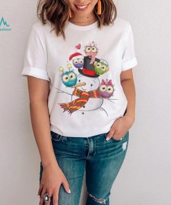 Cute Snowman With Little Colorful Owls Sitting Shirt1