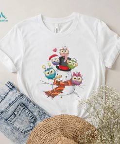 Cute Snowman With Little Colorful Owls Sitting Shirt2