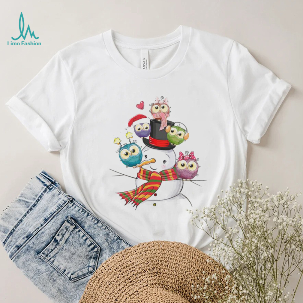 Cute Snowman With Little Colorful Owls Sitting Shirt Cute Snowman With Little Colorful Owls Sitting Shirt