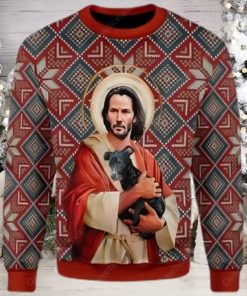 Jesus Keanu Reeves With Dog Ugly Christmas Sweater,