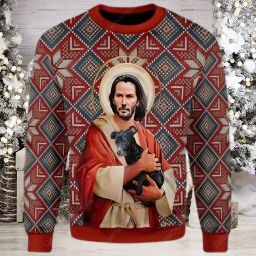 Jesus Keanu Reeves With Dog Ugly Christmas Sweater,