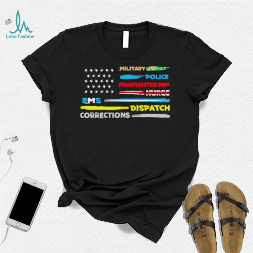 Military Police Firefighter nurse EMS dispatch corrections American flag shirt